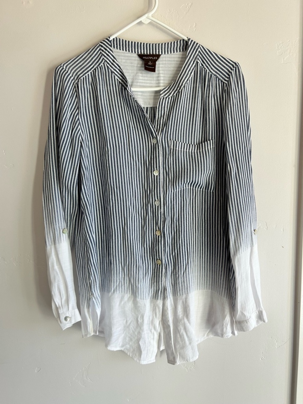 Multiples Navy and White Vertical Stripe Button-Front Blouse
